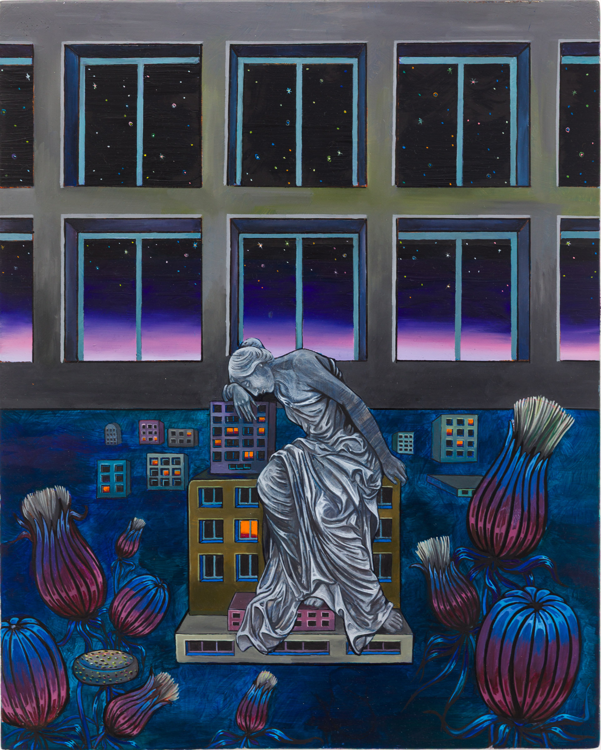 Emma Păvăloaia, Apus în cartier Blocuri / Sunset in Blocuri Neighborhood, 2026, Signed, titled and dated verso, Oil on wood, 50 × 40 cm