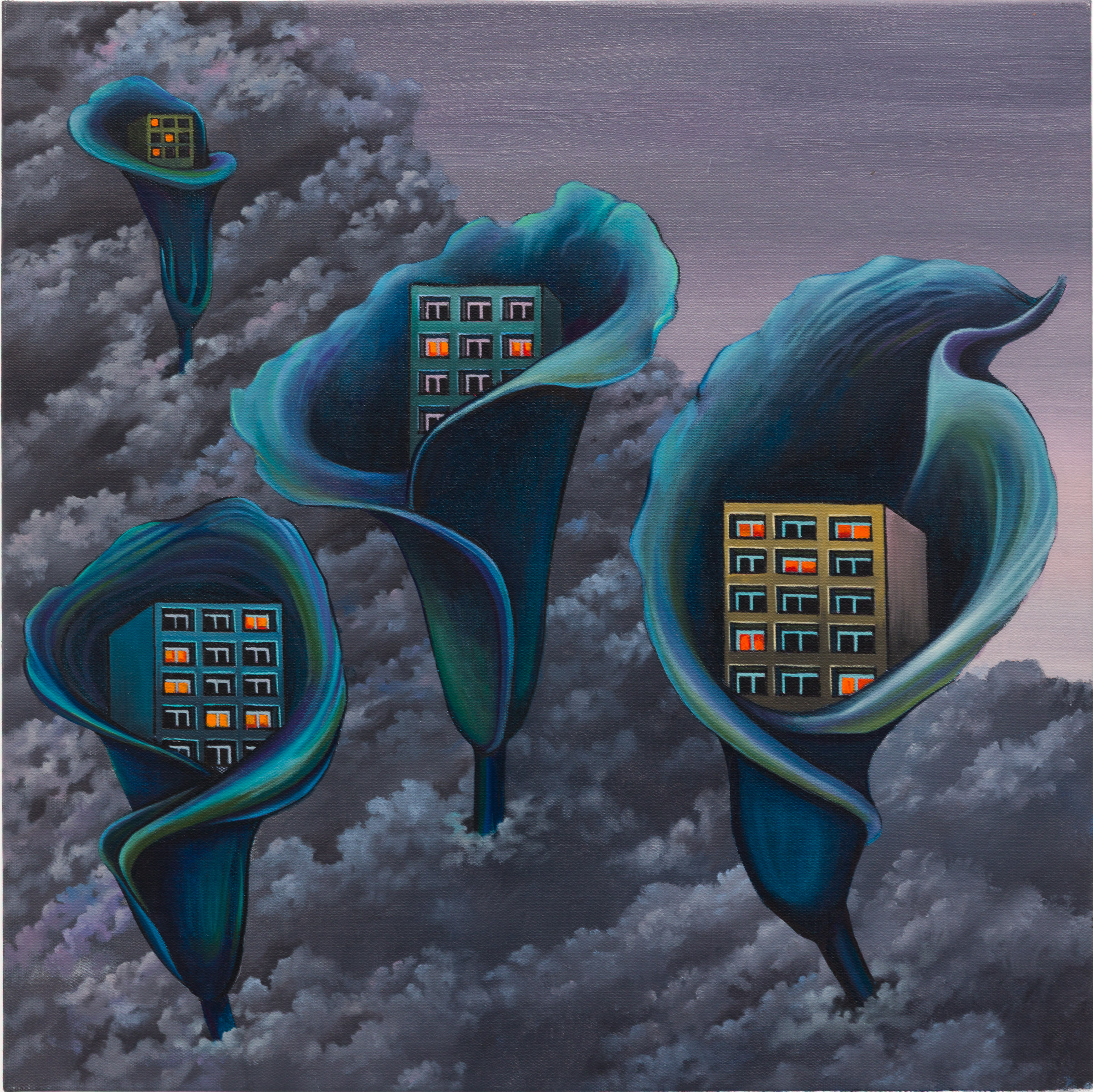 Emma Păvăloaia, Salvation of Blocuri Neighborhood, 2026, Signed, titled and dated verso, Oil on canvas, 50 × 50 cm