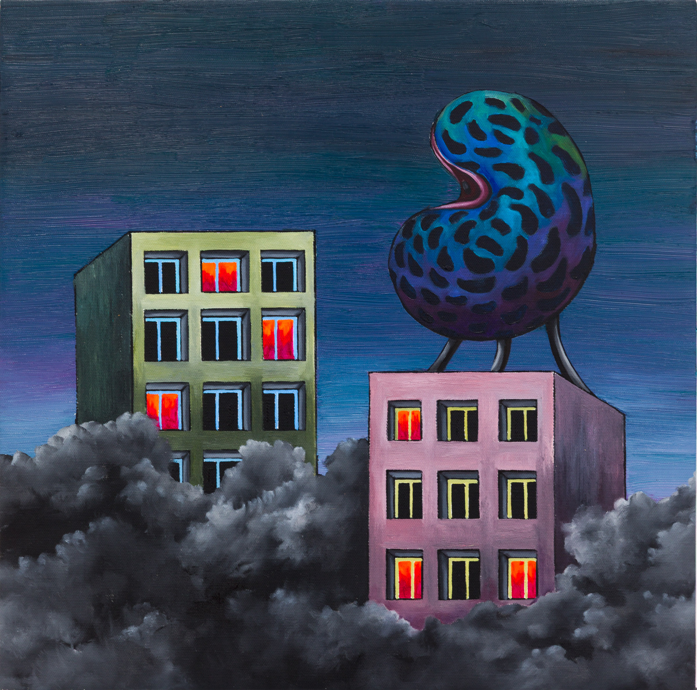 Emma Păvăloaia, Blocuri Neighborhood Travelling with My Art, 2026, Signed, titled and dated verso, Oil on canvas, 50 × 50 cm
