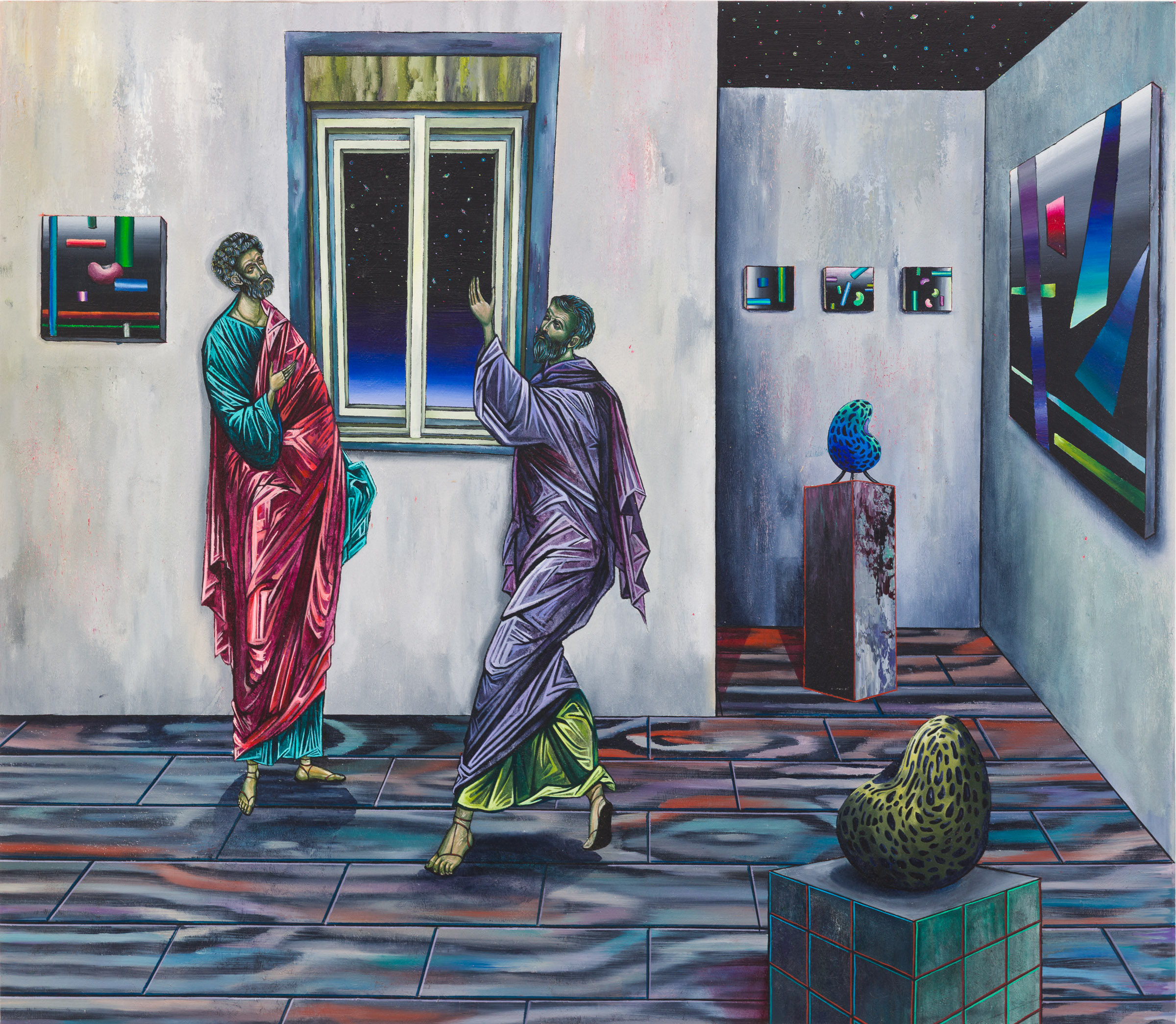Emma Păvăloaia, Truth Seekers at My Art Exhibition, 2026, Signed, titled and dated verso, Oil on canvas, 130 × 150 cm