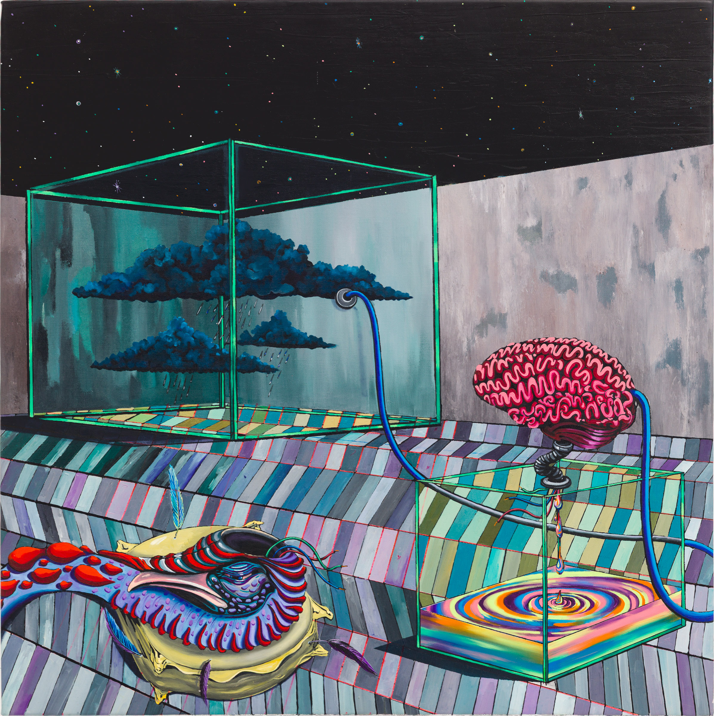 Emma Păvăloaia, Loading Lazy Brain with Not a Good Day Feeling, 2025, Signed, titled and dated verso, Oil on canvas, 84 × 84 cm