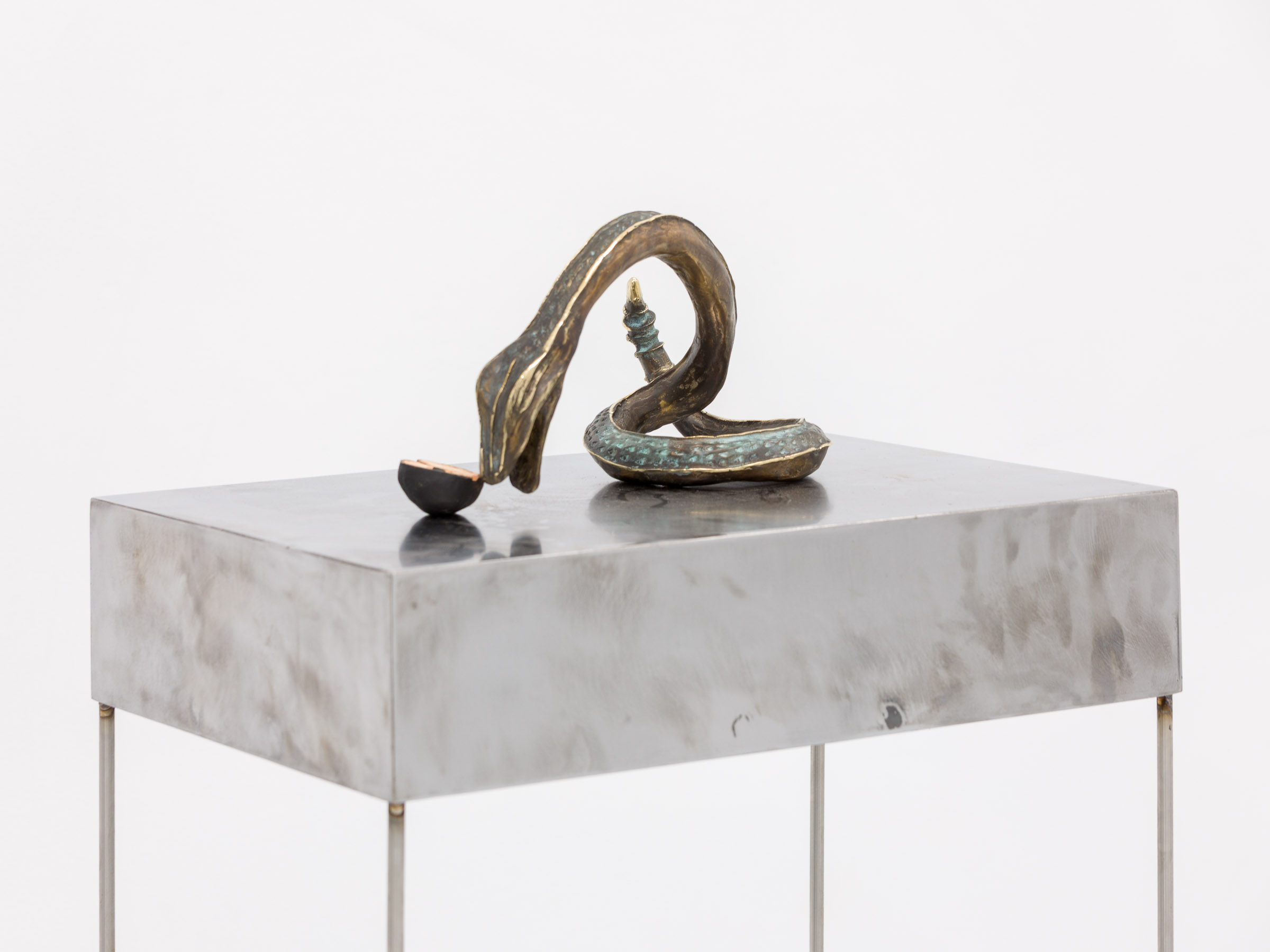 Emma Păvăloaia, First Bite, 2026, Bronze and mixed metal alloys, 118 × 40 × 30 cm